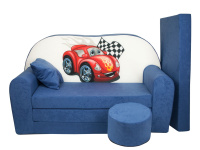 Dětská rozkládací pohovka + taburet Auto modrá