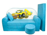 Dětská rozkládací pohovka + taburet Bagr světle modrá