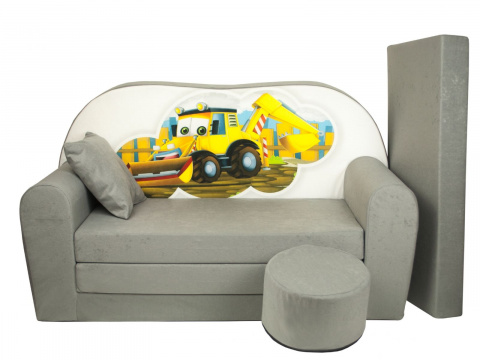 Dětská rozkládací pohovka + taburet Bagr šedá