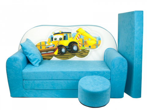 Dětská rozkládací pohovka + taburet Bagr světle modrá