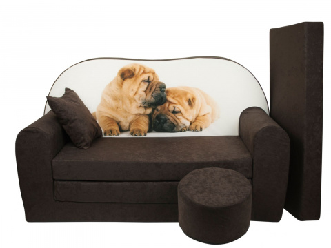 Dětská rozkládací pohovka + taburet Pejsci hnědá