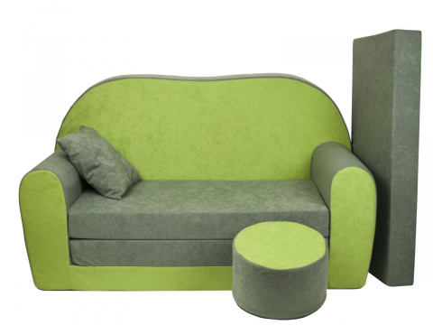 Dětská rozkládací pohovka + taburet zeleno / šedá