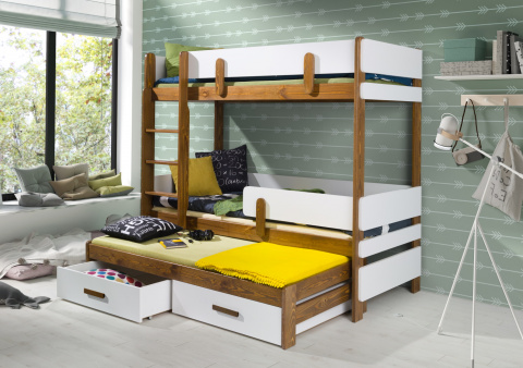 Patrová postel Ettore III - trojlůžko 80x180 cm (Š 93 cm, D 190 cm, V 171 cm), Bílý akryl, Dub sonoma PVC, bez matrací, se zábrankou, žebřík na pravé straně