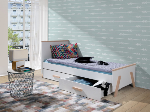 Postel Kora s úložným prostorem 80x180 cm (Š 87 cm, D 190 cm, V 80 cm), Přírodní buk + bezbarvý lak, Bílá PVC, bez matrací