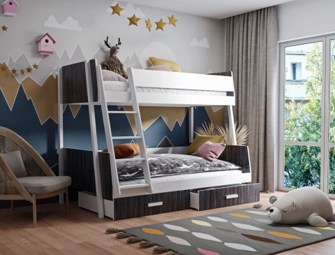Patrová postel Moritz s úložným prostorem Bílý akryl, Dub shetland, bez matrací, žebřík na levé straně