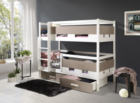 Patrová postel Ruben 80x180 cm (Š 87 cm, D 190 cm, V 158 cm), Grafitový akryl, Bílé PVC, 2 ks hlavní matrace, se zábrankou, žebřík na pravé straně