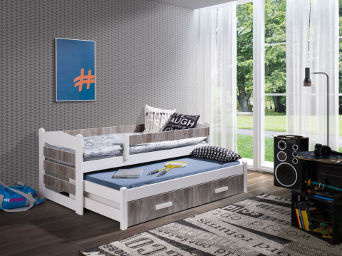 Rozkládací postel Tiago II s úložným prostorem 90x200 cm (Š 97 cm, D 205 cm, V 76 cm), Bílý akryl, Bílé PVC, 2 ks matrace (1 ks hlavní + 1 ks přistýlka), zábranka vpravo