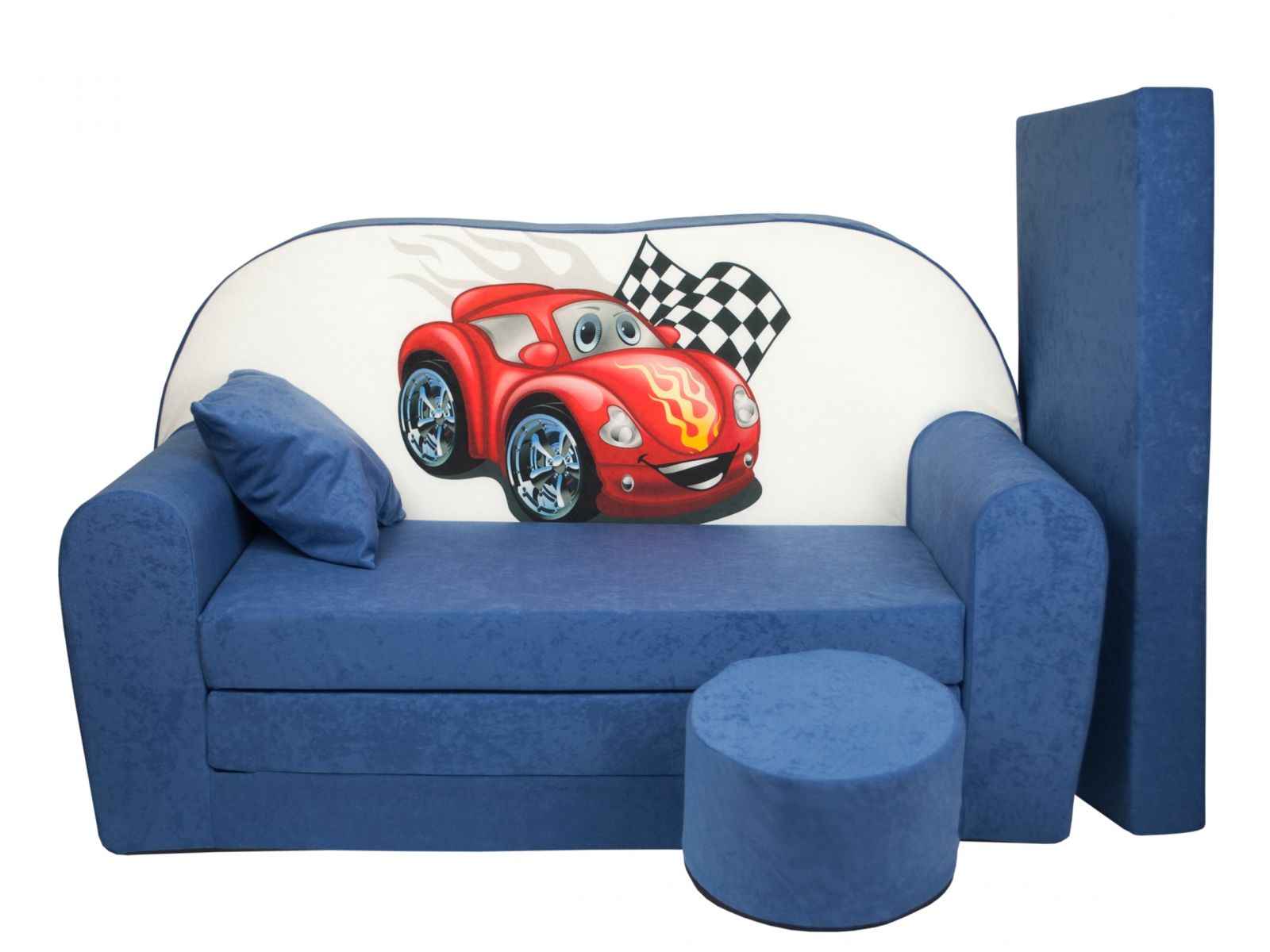 Dětská rozkládací pohovka + taburet Auto modrá