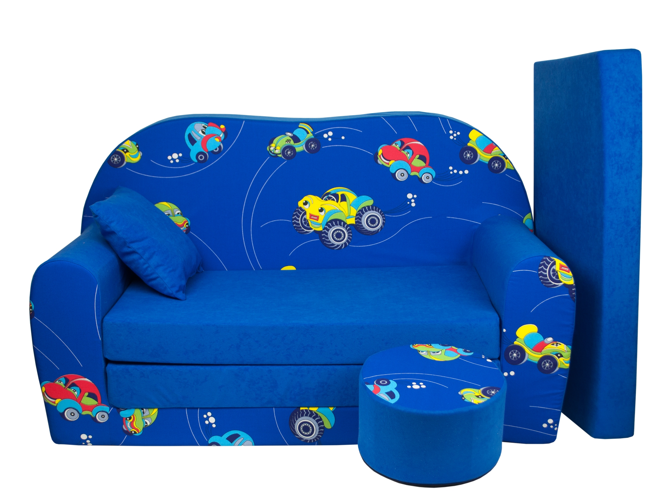 Dětská rozkládací pohovka + taburet Autíčka modrá Dětská rozkládací pohovka + taburet Autíčka modrá